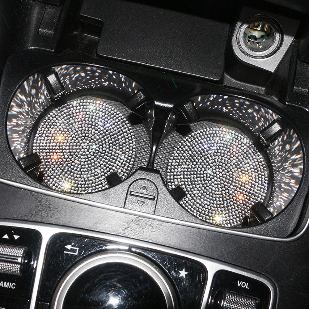 2PCS Diamond Car Coaster Water Cup Slot Non-Slip Mat Silica Gel Pad Bling Car Coasters Silicone Crystal Car Cup Holder Mat Car Gadget Universal Bling Car Cup Mat Holder Insert Crystal Rhinestone Vehicle Cup Coaster Bling Car Accessories for Woman