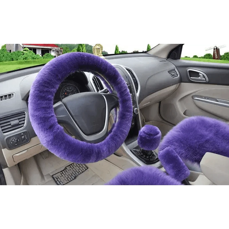 3Pcs Set Winter Fashion Wool Fur Soft Furry Car Steering Wheel Covers 16 Colors Winter Universal Hand Brake Gear Cover  Car Accessories