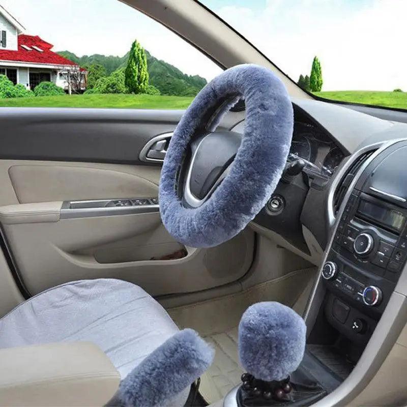 3Pcs Set Winter Fashion Wool Fur Soft Furry Car Steering Wheel Covers 16 Colors Winter Universal Hand Brake Gear Cover  Car Accessories