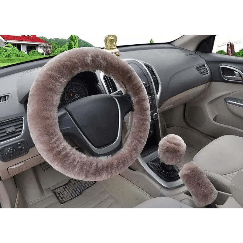 3Pcs Set Winter Fashion Wool Fur Soft Furry Car Steering Wheel Covers 16 Colors Winter Universal Hand Brake Gear Cover  Car Accessories