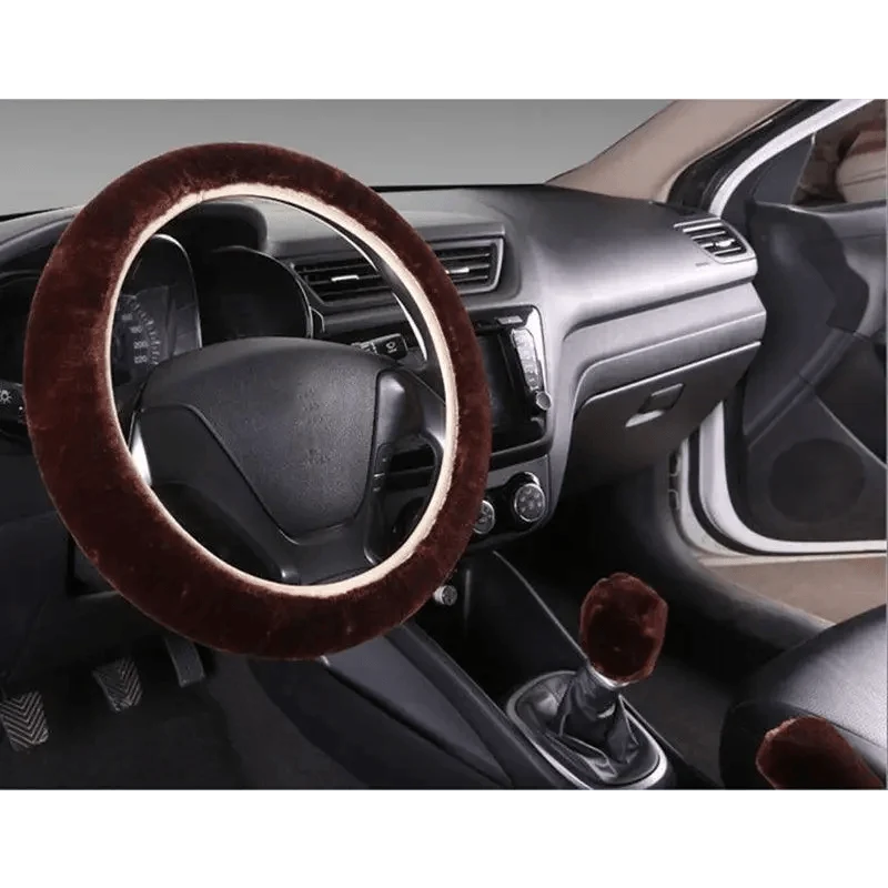 3Pcs Set Winter Fashion Wool Fur Soft Furry Car Steering Wheel Covers 16 Colors Winter Universal Hand Brake Gear Cover  Car Accessories