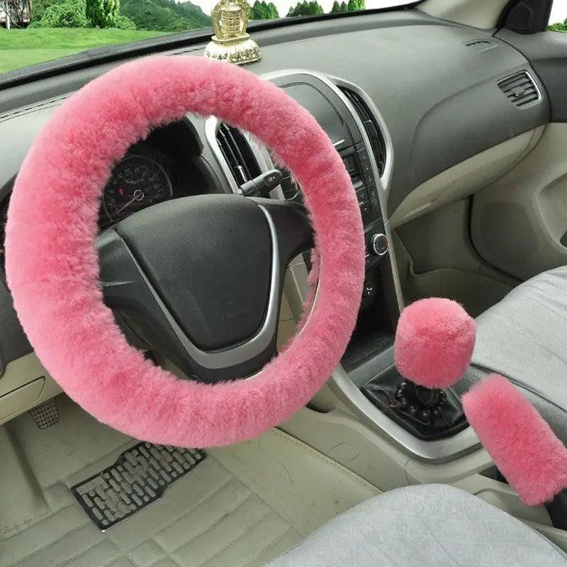 3Pcs Set Winter Fashion Wool Fur Soft Furry Car Steering Wheel Covers 16 Colors Winter Universal Hand Brake Gear Cover  Car Accessories