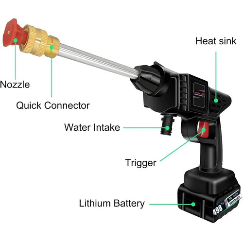 60BAR Cordless High Pressure Car Washer Spray Water Gun Wireless High Pressure Car Wash Water Gun Washer Self Priming Sustain